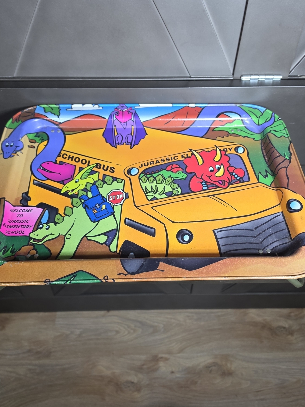 Vintage Dinosaur Tv Tray Jurassic Elementary School Bus Kids Folding Snack Tray